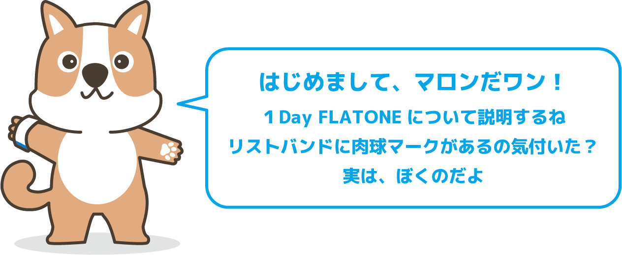 はじめまして、マロンだワン！ １Day FLATONEについて説明するね リストバンドに肉球マークがあるの気付いた？ 実は、ぼくのだよ